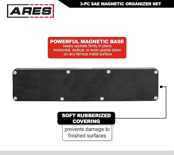 ARES 60035-3-Piece Set SAE Magnetic Socket Organizers - RED -Includes 1/4 in, 3/8 in, 1/2 in Socket Holders - Holds 68 Standard (Shallow) and Deep Sockets - Also Available in GREEN