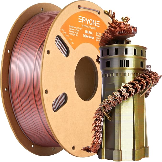 ERYONE Silk Tri Color PLA Filament 3D Printer 1.75mm +/- 0.03mm, Multicolor Filament Tricolor PLA 1KG(2.2lbs) Cardboard Spool, Gold Silver Copper