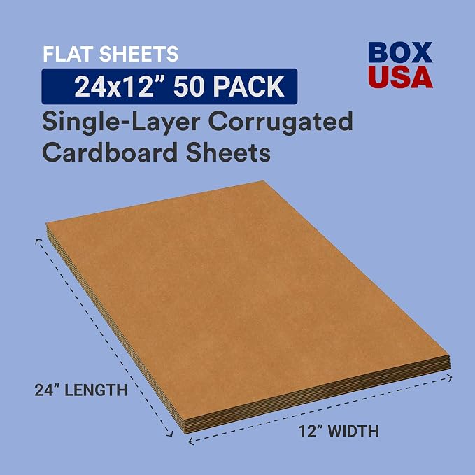 BOX USA 24" x 12" 50-Pack - Large Card Board Sheets for Packaging, Layer Separation, Shipping, Mailing, Packing, and Protecting Products from Forklift Damage