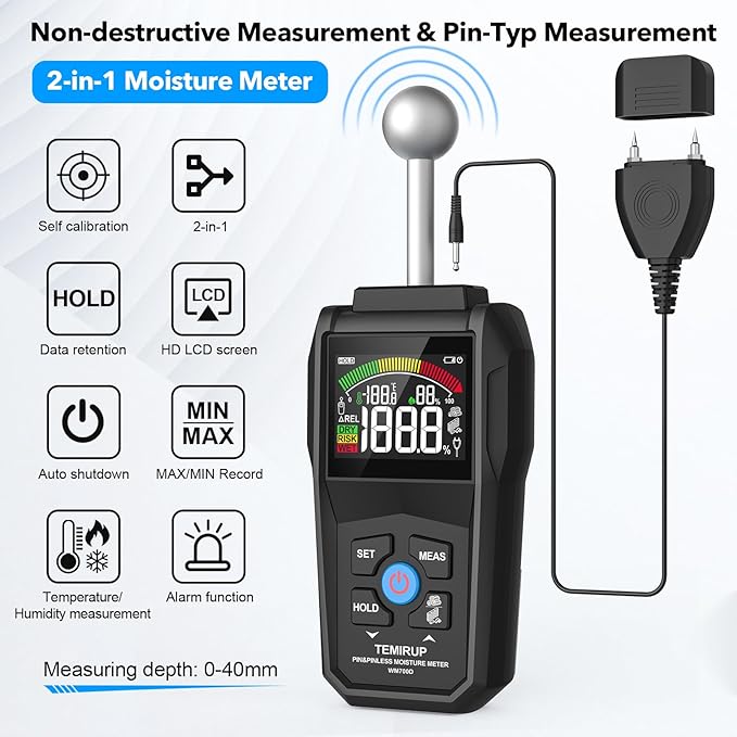 2-in-1 Pin & Pinless Moisture Meter, Digital Moisture Detector for Wood, Drywall & Building Materials, Large Color LCD Display, Acoustic Alarm, Calibration, Detects up to 20-40 mm Below Surface