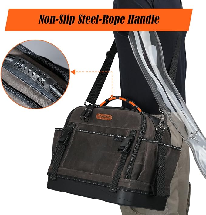WELKINLAND 53Pockets Hard-Bottom HVAC Bag, Heavy-Duty Electrician Tool Bag,Waterproof Waxed Canvas Tools Bags, Top-Open 16 Inch Tool Bags,HVAC Service Bag For Men