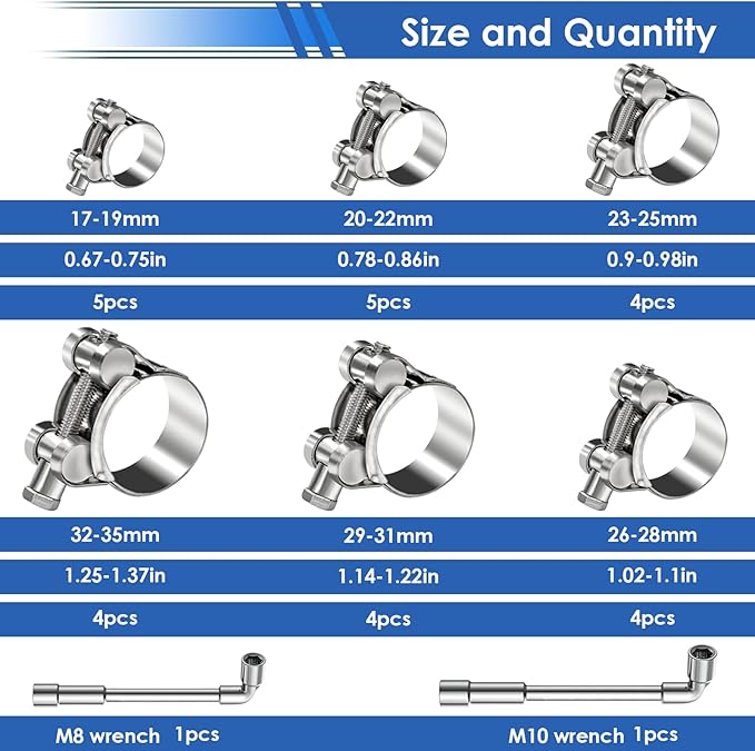 smseace 30Pcs 17-35mm T-bolt Hose Clamps 304 Stainless Steel 6-sizes Heavy Duty T bolt Hose Clamps with M8 and M10 Socket Wrenches