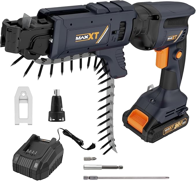 20V Drywall Screw Gun Brushless, MAXXT Cordless Lithium-Ion Brushless Self Feeding Drywall Screwdriver Autofeed 5000RPM with Collated Drywall Attachment（Included 2.0Ah Battery and Charger）