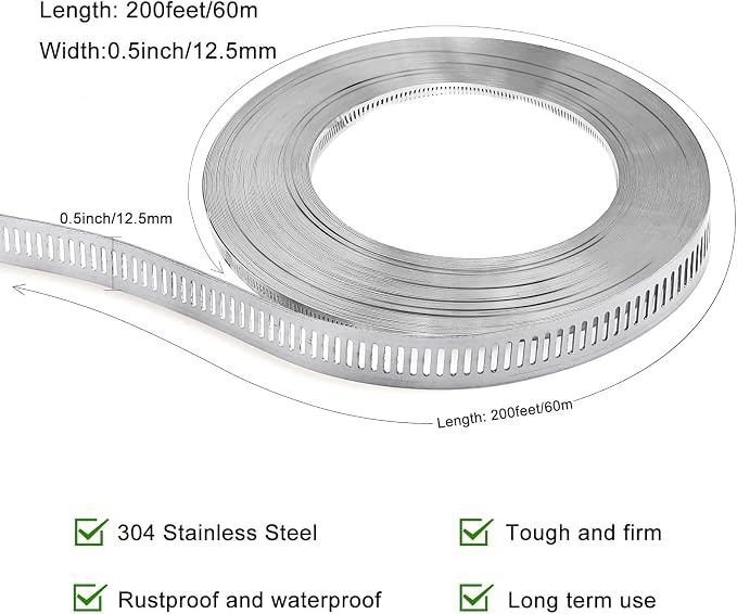 Hose Clamps, DIY 200 FT Metal Strap + 80 Fasteners, Hose Clamps Stainless Steel, Large Adjustable Hose Clamp Pipe Clamp for Pipe Automotive Mechanical Applications