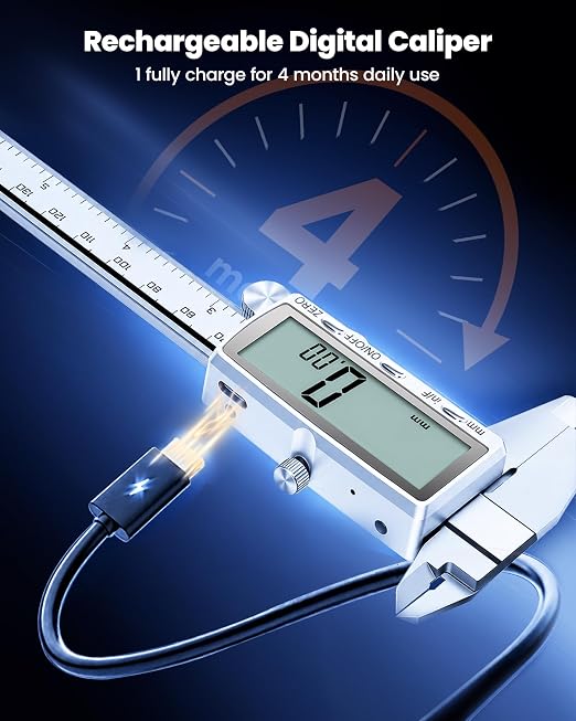 HARDELL Digital Caliper 6"/150mm, Rechargeable Stainless Steel Micrometer, Large LCD. in/MM/Fraction, Auto-Off, Electronic Measuring Tool for Machinist Woodworking 3D Printing DIY Household