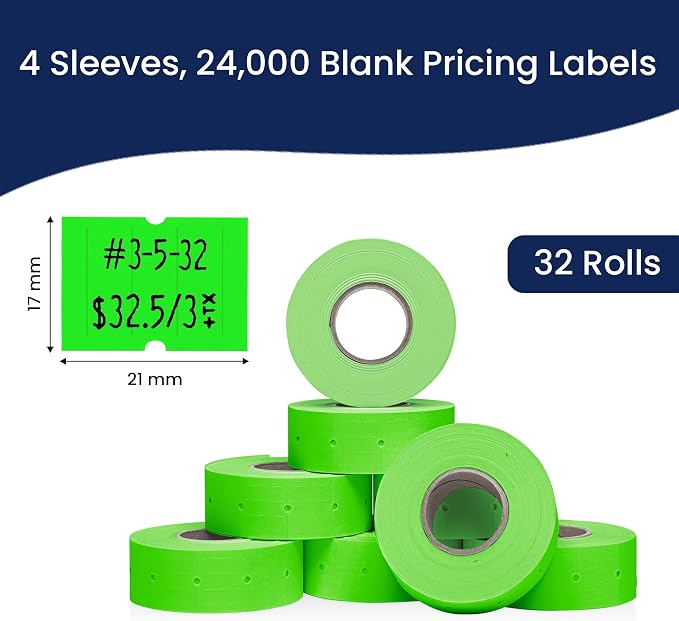 Perco 2 Line Fluorescent Green Labels - 24,000 Blank Price and Date Gun Labels for Perco 2 Line Price and Date Guns - 32 Rolls, 4 Sleeves - Made in USA