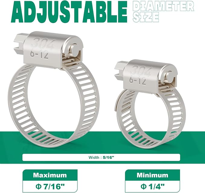OURU 24PCS Hose Clamps Stainless Steel Adjustable 1/4"– 7/16"(6-12mm) Worm Gear Hose Clamp, Heavy Duty Metal Small Hose Clamps for Automotive, Pipe, Radiator Plumbing, Fuel Line