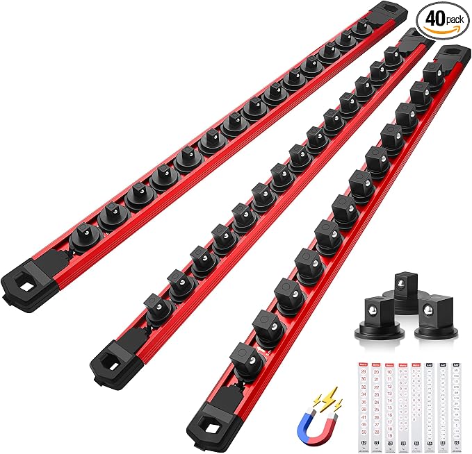 Reniteco Magnetic Socket Organizer Set, 3-Piece 1/2" 3/8" 1/4" Drive Aluminum Alloy Socket Holder with 40PC 360° Swivel Removable Clips, Magnetic Socket Rail for Tool Box Drawer, Red