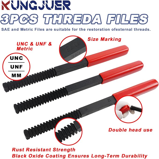 3Pcs Thread File Set, Thread Restoring Chaser Files Metric and SAE | Thread Restorer File Set High Carbon Steel Thread Repair Tool for Thread Repair File Set, Thread Cleaner Tool