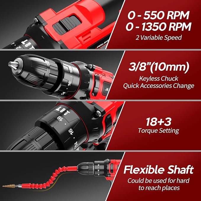 20V Cordless Drill, Electric Power Drill Set with Battery Charger and Carrying Case, 3/8” Keyless Chuck, 2 Variable Speed, 18+3 Torque, 72pcs Driver Bits and Belt Hook, Red