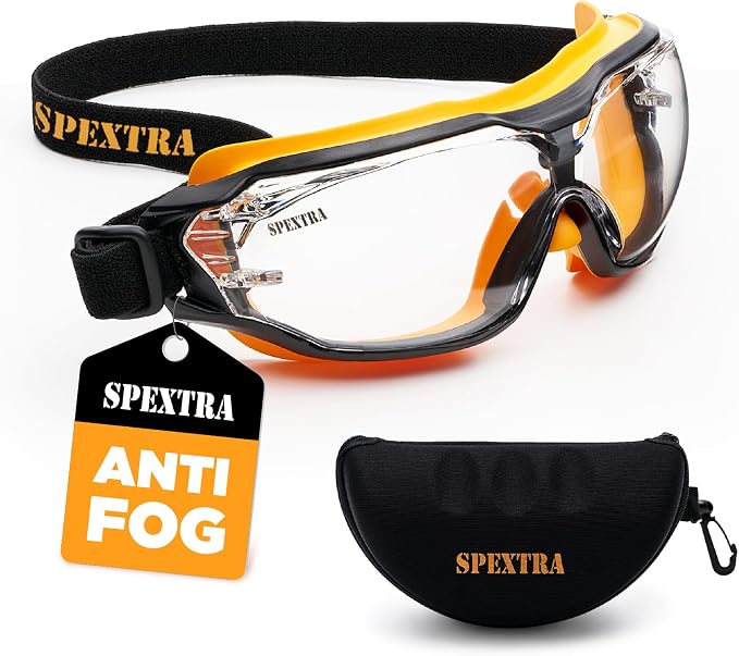 SPEXTRA Safety Goggles Anti-Fog Clear Lens, ANSI Z87.1 Impact Resistance, Non OTG, Lab Chemistry Goggles