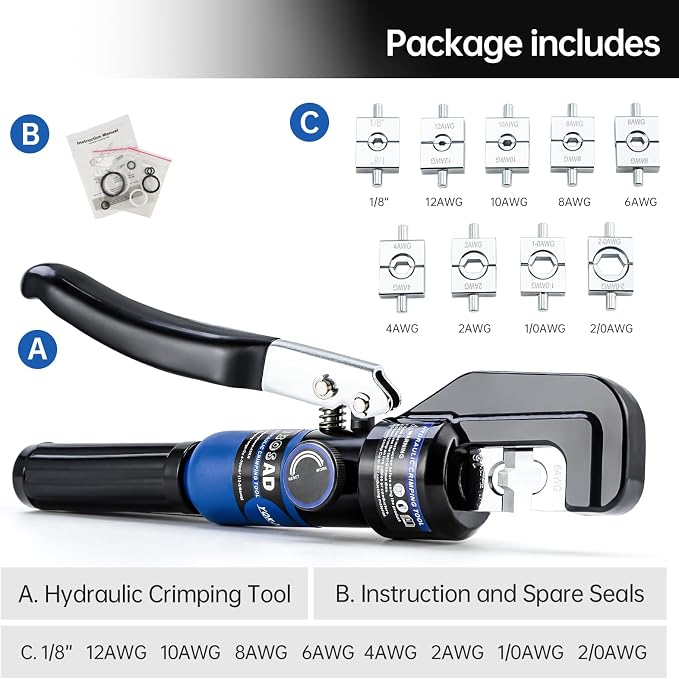 1/8” Wire Rope Crimping Tool,Hand Operated Hydraulic Crimping Tool Range 12 AWG-2/0 AWG for Cable Lugs Hydraulic Crimping Crimper Wire Terminal Lug Tool with 9 Pairs of Dies