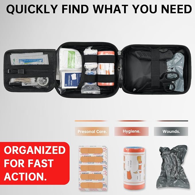 Trauma First Aid Kit, Compact Tactical IFAK Emergency Survival Kits Hemostatic Combat Wound Care Molle Pouch with Israeli Bandage, Chest Seal, Splint for Military, Black