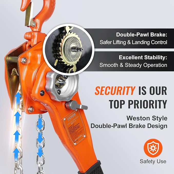 VEVOR Manual Lever Chain Hoist, 3/4 Ton 1650 lbs Capacity 10 FT Come Along, G80 Galvanized Carbon Steel with Weston Double-Pawl Brake, Auto Chain Leading & 360° Rotation Hook, for Garage Factory Dock
