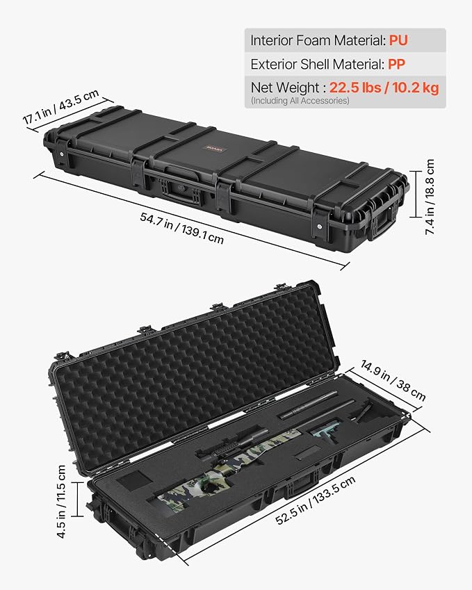 VEVOR Rifle Case, Rifle Hard Case with 4 Layers Fully-protective Foams, Lockable Hard Gun Case with Wheels, IP67 Waterproof & Crushproof, for Rifles or Shotguns