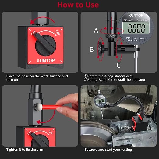XUNTOP 0-1"/0.0005" Digital Dial Indicator and 176lbs (80kg) Max Pull Magnetic Base Inch/Metric Electronic Indicator and 360°Flexible Stem Holder for 3D Printer Lathe Workshop CNC Machine Table Saw