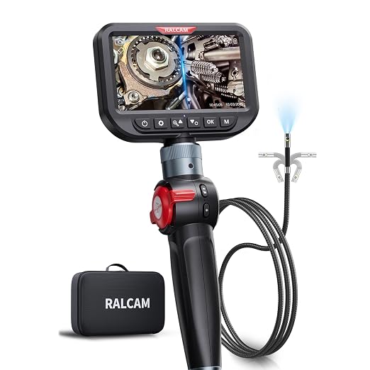 Ralcam Dual Lens Articulating Borescope 5", 6.5mm Slim Probe, Two-Way Articulated Endoscope Inspection Camera with 5FT Flexible Snake Cable for Engine Automotive HVAC Wall Pipe