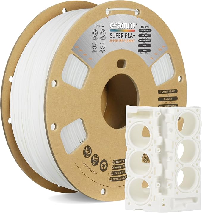 OVERTURE Super PLA+ Filament 1.75mm, Toughness Enhanced PLA Plus, Professional Toughness 3D Printer Filament 1kg (2.2lbs), High Precision +/- 0.02mm (White)