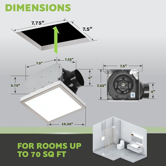 Homewerks 7105-10 Bathroom Fan Integrated LED Light Ceiling Mount Exhaust Ventilation Ultra Quiet 1.0 Sones 70 CFM, Decorative Brushed Nickel Magnetic Trim