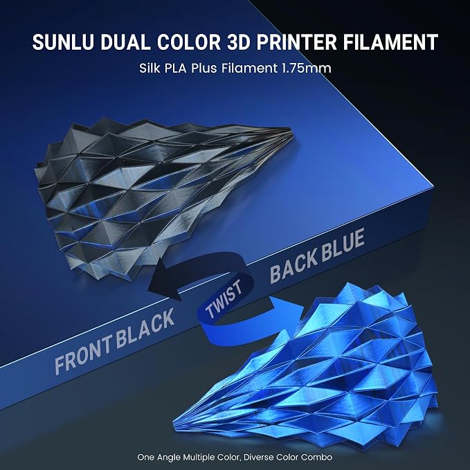 SUNLU Silk Dual Color Pla Filament, Silk PLA 3D Printer Filament 1.75mm, Shiny Silk Texture, Dimensional Accuracy +/- 0.02mm, 1KG Spool (2.2 lbs), PLA Silk Dual Color (Black Blue)