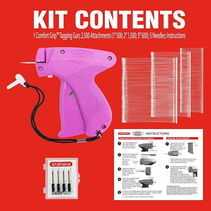 Comfort Grip Price Tagging Gun, Includes Standard Retail Price Tag Attacher Gun for Clothing, 2500 Asstd 1in, 2in, 3in Barbs Attachments, 5 Needles