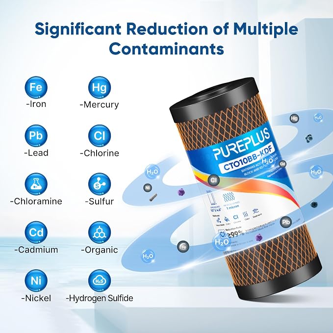 PUREPLUS 1 Micron 10" x 4.5" Whole House Coconut Shell Activated Carbon and KDF Water Filter, Heavy Metal Removal Replacement Water Filter, Compatible with GXWH40L, GXWH35F, BB10, CTO10BB-KDF, 3 PACK