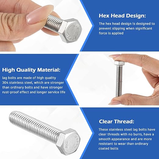 Zonon 50 Pcs 1/4-20 x 1-1/2" Hex Head Screw Bolt 18-8 (304) Stainless Steel Hexagon Bolts, Fully Threaded, Plain Finish, External Hex Drive (Silver)