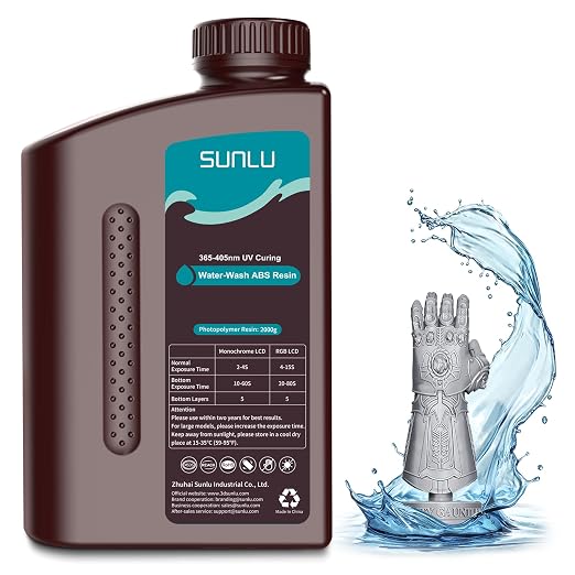 SUNLU 2000g Water-Wash ABS Resin, Combines features of ABSLIKE Resin & Water Washable Resin, Non Brittle, High Precision, Low Shrinkage, Fast Curing 3D Resin for LCD DLP SLA 3D Printers, 2KG Grey