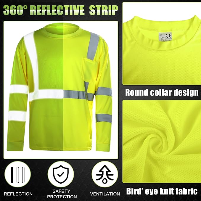Macarrie 6 Pcs Class 3 Reflective Safety High Visibility Shirt Long Sleeve with Packet Breathable