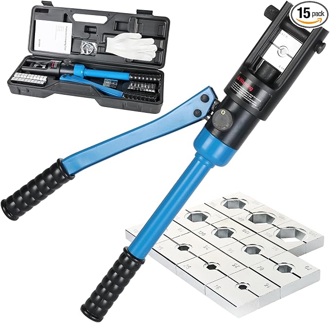 16 Ton Hydraulic Battery Cable Lug Terminal Crimping Tool Kit Wire Crimper with 6AWG to 600MCM 11 Pairs of US Standard Chromed Hexagon Crimp Dies