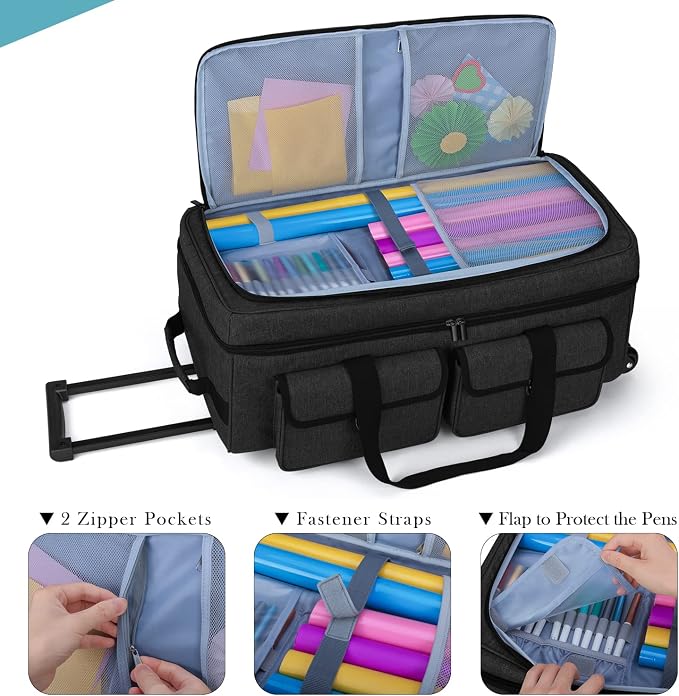 YARWO Rolling Craft Bag with Wheels Compatible for Cricut Explore 5/4/3, Maker 4/3, Cameo 5/4, Double Layers Die-cutting Machine Case with Multi Pockets for Craft Tool, Accessories and Supplies, Black