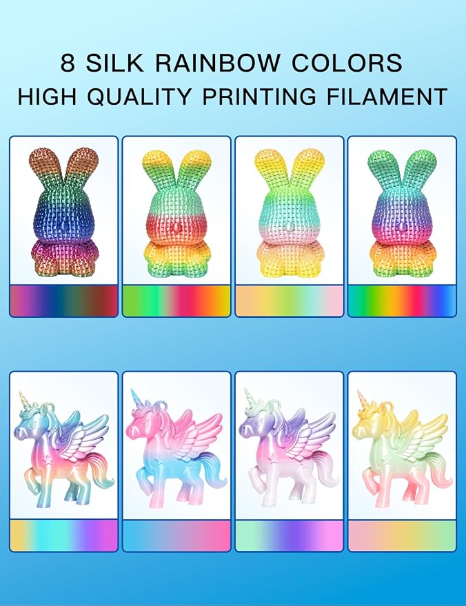 PINBALL Silk Rainbow PLA 3D Printer Filament 1.75mm, Shiny Multicolor Fast Color Changing PLA Filament, 3D Printing Filament Dimensional Accuracy +/- 0.02mm, 8 KG 8 Colors