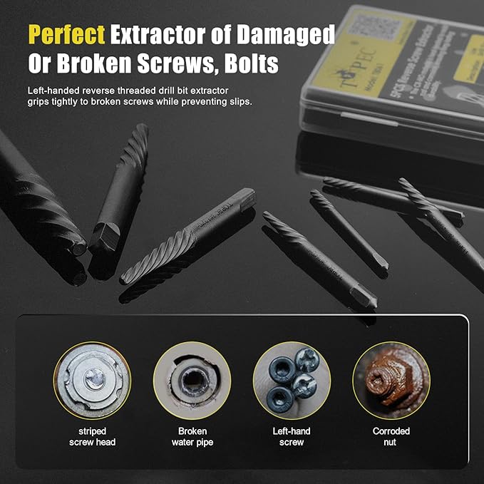 TOPEC Damaged Screw Extractor Set, 7 Piece Easy Out Bolt Extractor for Easily Remove Broken Bolts, Stripped Screws, Studs - Gifts for Men | Fathers Day Gifts for Dad