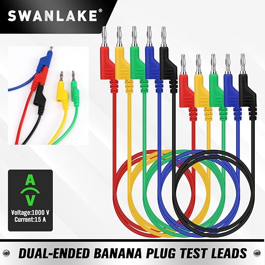 SWANLAKE 5-Piece Dual-Ended Banana Plug Test Leads, 1000V 15A 3.5ft/1M Multimeter Electrical 4mm Banana-Plug, Flexible Copper Banana Cable, Electrical Test Wires