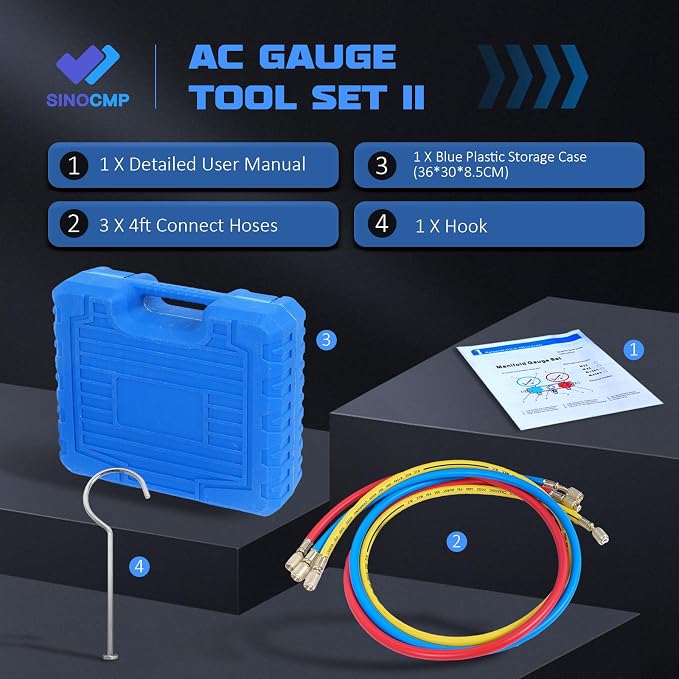AC Manifold Gauge Set Kit 3-Way Valve, 4CFM Single Stage 110V 1/3 HP HVAC Vacuum Pump with Leak Detector for R134a R410a R12 R22 Air Conditioning Refrigeration Recharging