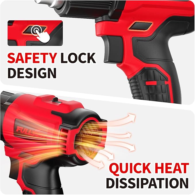 FULLYEA Cordless Heat Gun, Max 550°C (1022°F), Hot Air Gun Kit with 5 Nozzles & 2x4.0Ah Batteries, Fast Heating, 2-Temperature Setting, Portable Heat Gun for Shrink Tubing, PVC Wrap, Crafts (Red)