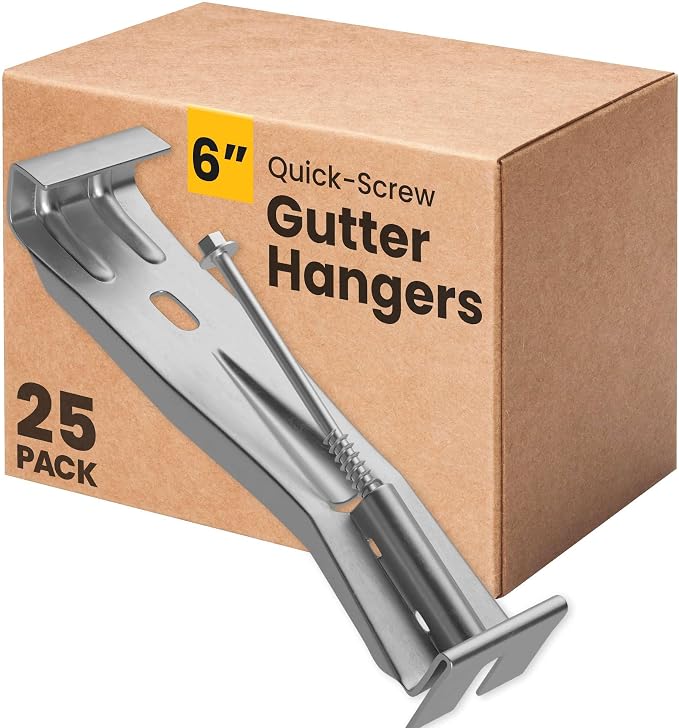 Quick-Screw 6" Gutter Hangers - Heavy Duty Hidden Gutter Brackets with Pre-Assembled Inserted Gutter Screws - Rain Gutter Parts and Accessories to Fix or Repair Sagging Rain Gutters (25 Count)
