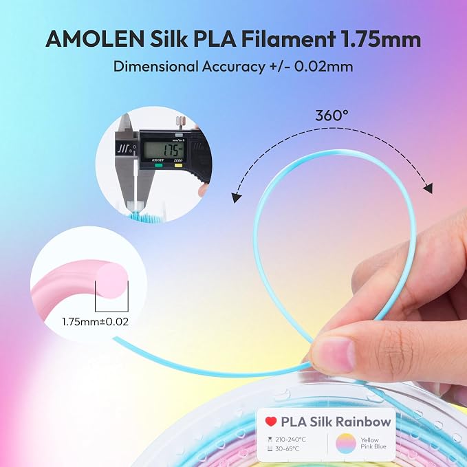 AMOLEN Silk Rainbow PLA Filament 1.75mm, Shiny Multicolor Gradient Color Change, 4-Pack 800g (4×200g) Assorted Colors, Dimensional Accuracy ±0.02mm, NO-Tangle & Low Warping, Fits Most FDM 3D Printers