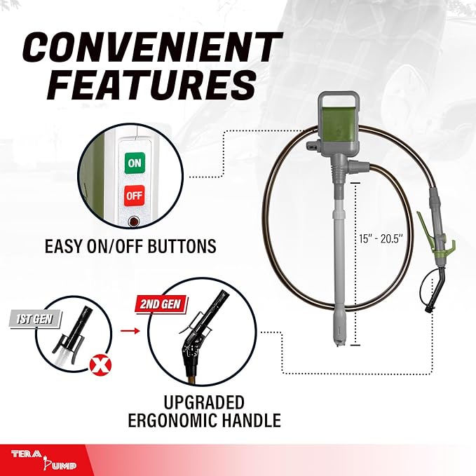 TERA PUMP TRCDM-XL Battery Powered Telescopic Fuel Transfer Pump (2.6GPM) with Flow Control Handle, XL Flexible Discharge Tube, and Metal Impeller for Gasoline, DEF, Diesel, Antifreeze, and Kerosene