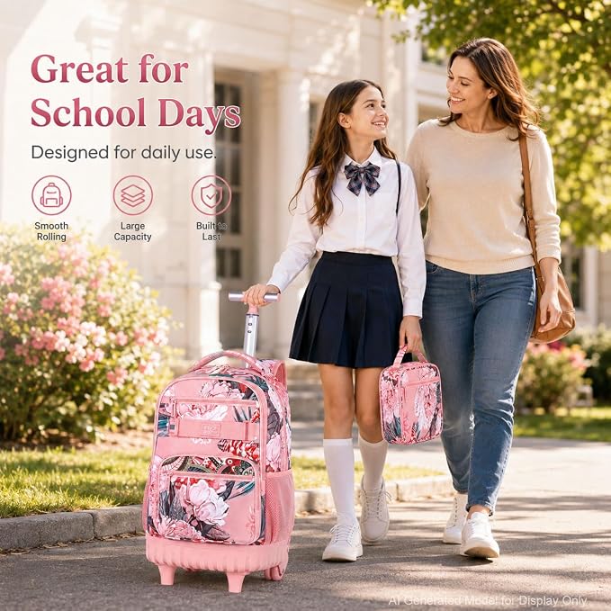 3Pcs Rolling Backpack for Girls Women, Travel Roller Backpacks with Wheels for Adults, Teens College Folwer Wheeled Bookbag with Lunch Box(Pink)