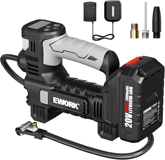 EWORK 20V Tire Inflator Portable Air Compressor for Car Tires with Battery & Charger, Cordless Air Pump with Digital Pressure Gauge & Auto Shut Off, Fast Tire Pump for Car, Motorcycle & Bike