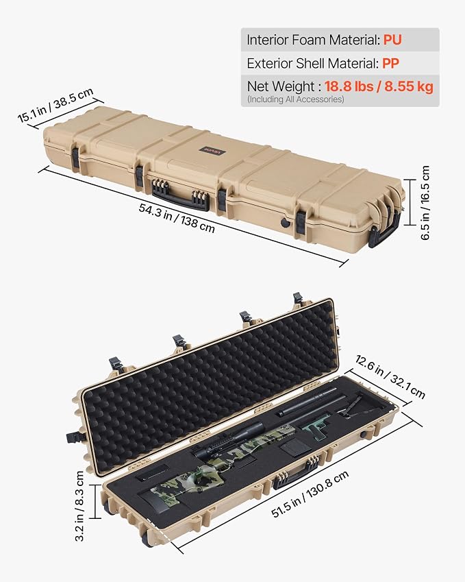 VEVOR Rifle Case, Rifle Hard Case with 4 Layers Fully-protective Foams, Lockable Hard Gun Case with Wheels, IP67 Waterproof & Crushproof, for Rifles or Shotguns