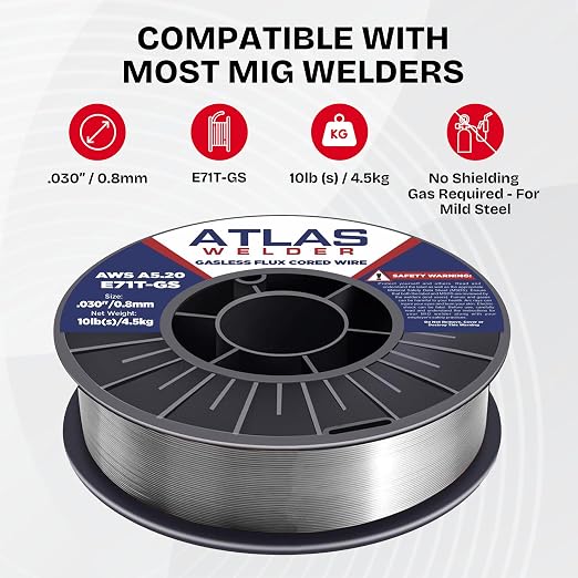 ATLASWELDER Flux Core Welding Wire, E71T-GS .030 Inch 10LB, Gasless Mild Steel MIG Welding Wire with Low Spatter for All Position Welding