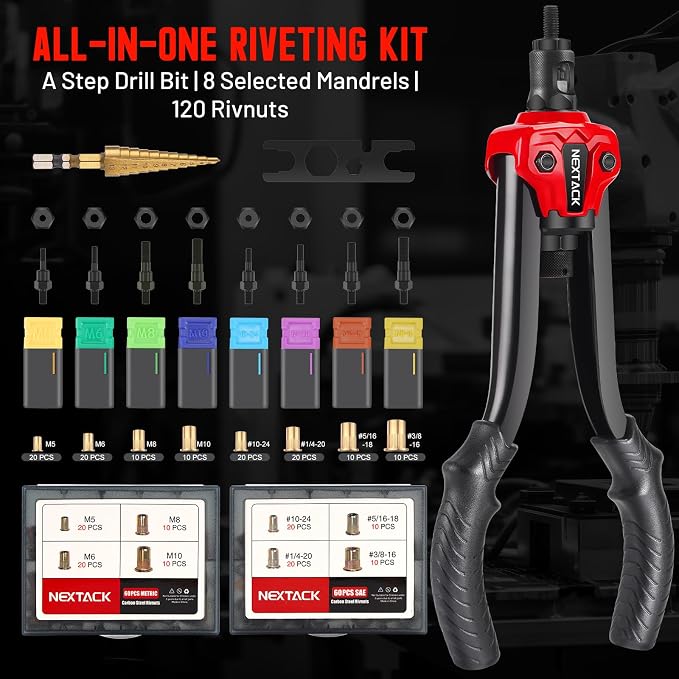 NEXTACK Rivet Nut Tool Kit with a Step Drill Bit, 120 Nutserts, Heavy Duty Rivnut Tool Set with 8 SAE & Metric Mandrels M5 M6 M8 M10 10-24 1/4-20 5/16-18 3/8-16, Organized Rugged Case (NT700)