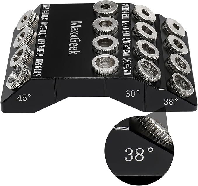 MaxxGeek Drill Guide for 30 38 45 90 Degree Angled and Straight Holes, Added 38 Degree Portable Drill Guide for Deck Stair Handrail and Horizontal Cable Wood Post （without Drill Bit）