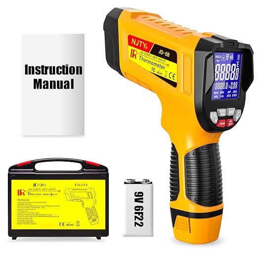 NJTY Infrared Thermometer Gun, -58℉ to 3992℉, High Temp Laser Thermometer with Adjustable Emissivity, Non-Contact Digital IR Pyrometer for Furnace, Kiln, Metal, Industrial Use