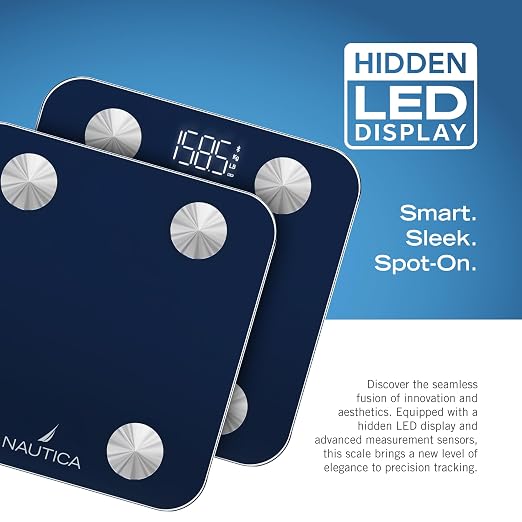 Nautica Body Tracker Digital Bathroom Scale, Bluetooth-Enabled Smart Scale with BMI, Body Fat, Muscle Mass Tracking & More, Syncs with Smartphone App for Body Composition Tracking, 396 Lbs.