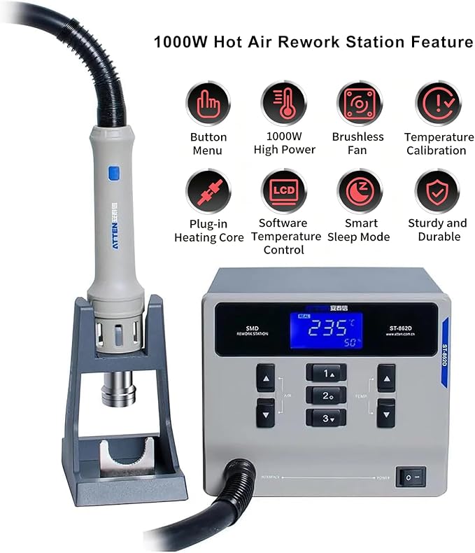 ATTEN ST-862D 1000W Hot Air Rework Station with 8 Nozzles,Heat Resistant Soldering Mat,2 Pcs Anti-Static ESD Tweezers,Intelligent Lead-free Hot Air Gun Soldering Station For Phone PCB Chip Repair