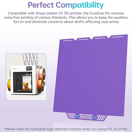 BIQU CryoGrip Pro Glacier Build Plate for Snap-Maker U1 3D Printer, Low Temperature Printing, Double-Sided Spring Steel Sheet, 276X301mm, Purple, 1 Piece