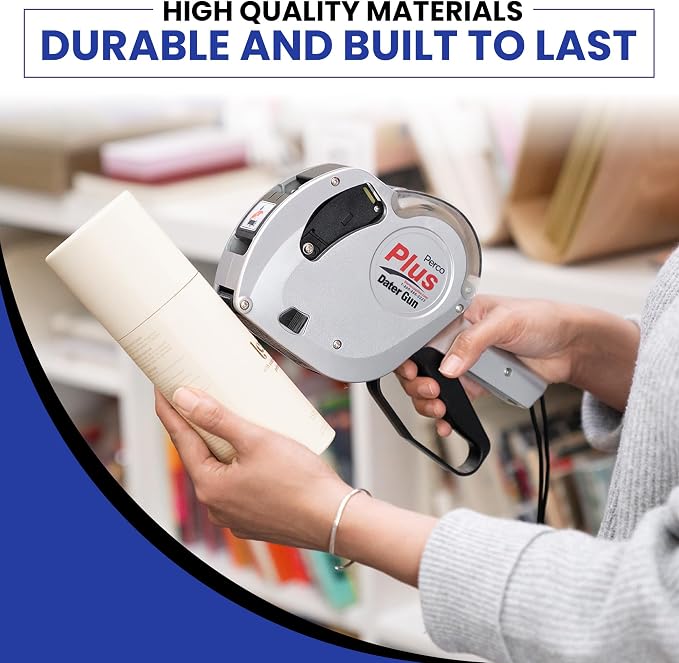 Perco Plus 1-Line Date Marking Gun with Labels Kit - Compares to Monarch 1131-01 Band Includes 1-Line 8-Character Band Date Labeler Gun, 9,000 Blank White Labels, a Label Scraper, and an Extra Inker